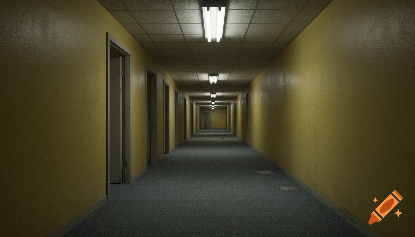 A long, empty, liminal hallway with textured yellow walls, blue carpet, and rows of fluorescent lights.