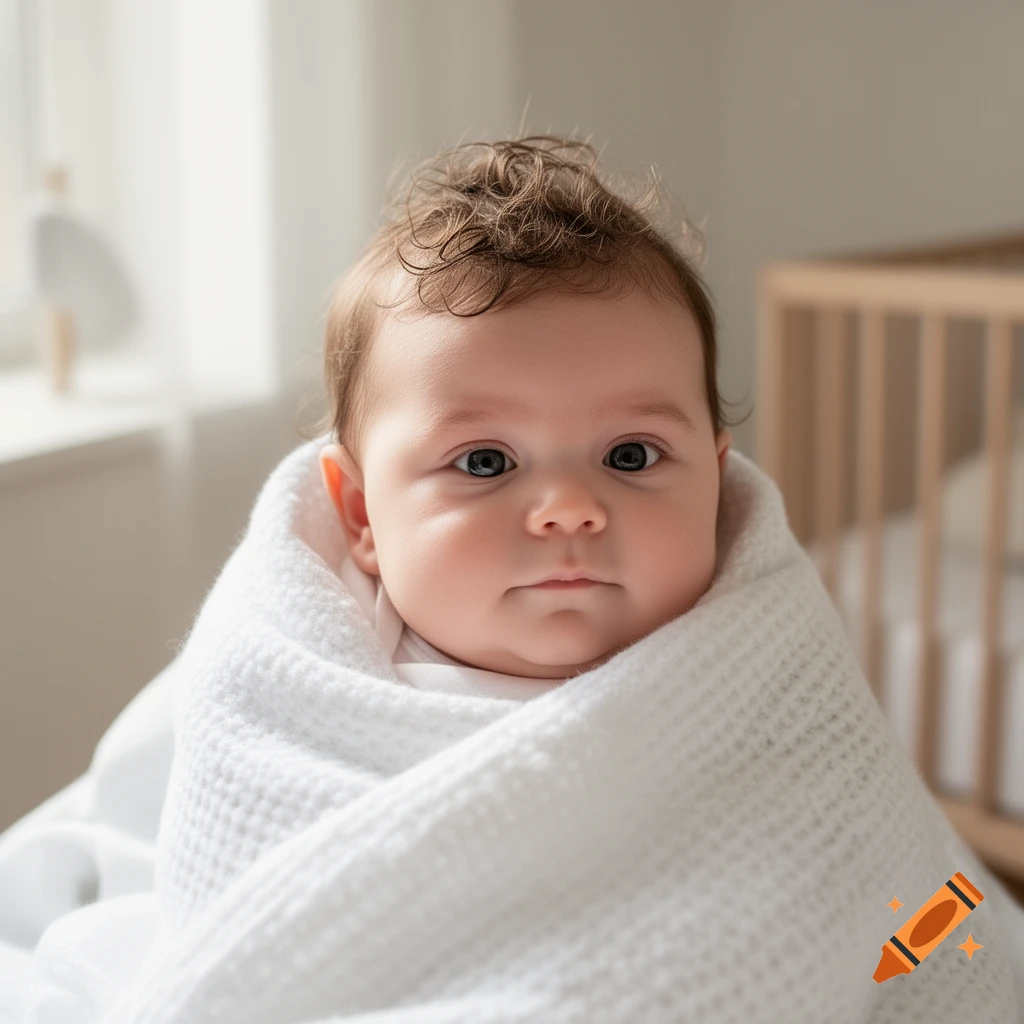 A close-up, photorealistic portrait of a baby with dark curly hair and blue eyes, wrapped in a white textured blanket.