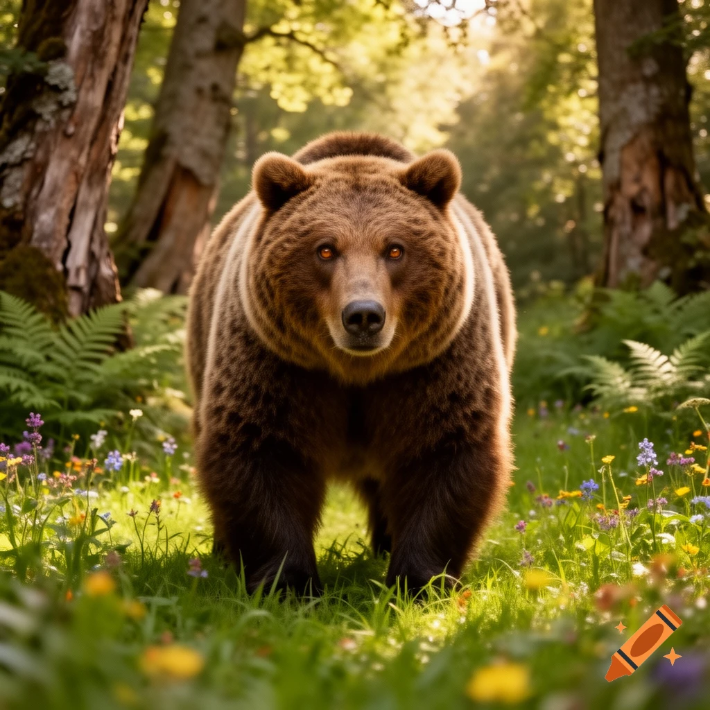 A large brown bear stands in a sunlit forest clearing filled with green grass and wildflowers, looking directly at the viewer.