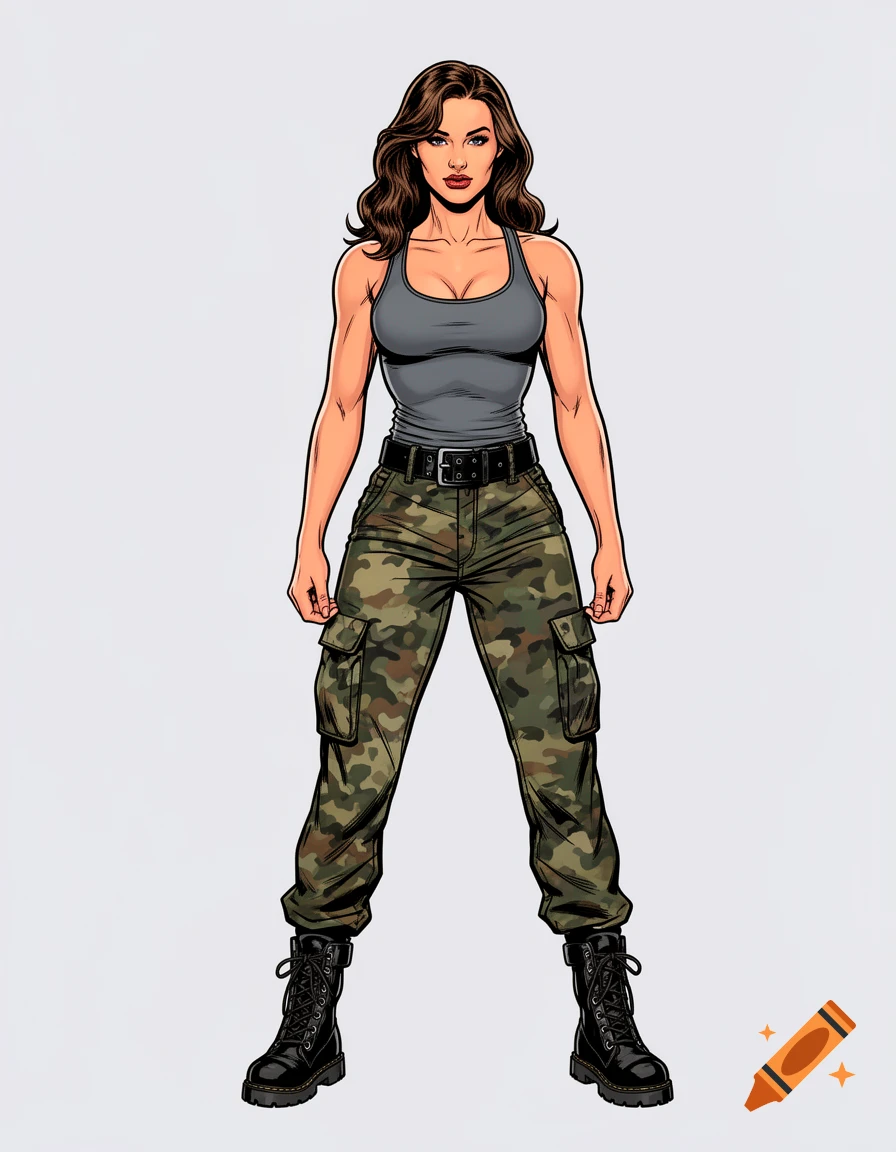Comic art of a fit woman in a gray tank top, camouflage cargo pants, and black combat boots, standing front-facing on a light gray background.