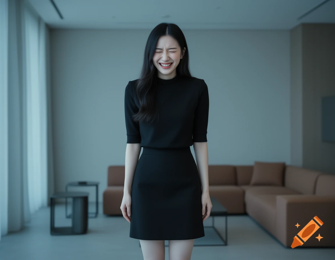 A young woman in a black dress, possibly aespa Winter, with a grimacing or laughing expression in a modern interior.