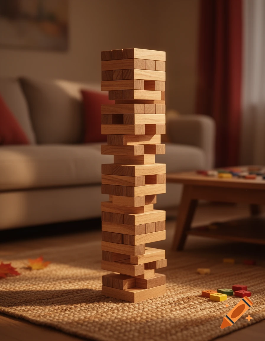 A tall Jenga tower stands precariously on a textured rug in a cozy, sunlit living room with scattered autumn leaves and colorful blocks.