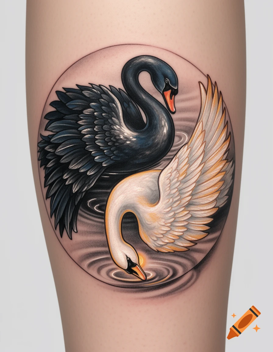 A tattoo design on skin featuring two swans in a yin-yang formation, one black facing up, the other white facing down, surrounded by water ripples in a circular frame.