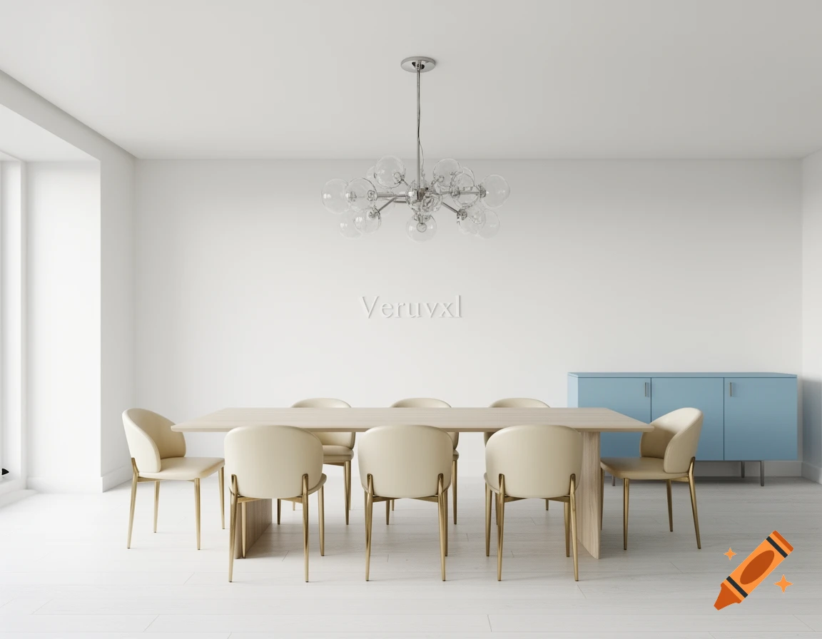 A modern dining room with a light wood table, cream chairs with brass legs, a blue buffet, and a polished nickel chandelier.