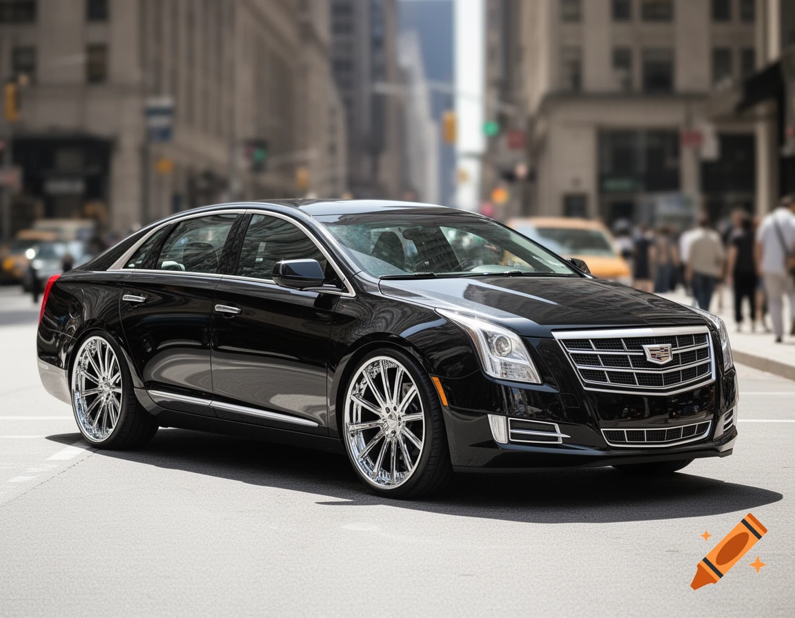 A black Cadillac XTS sedan with shiny chrome Forgiato rims parked on a city street.