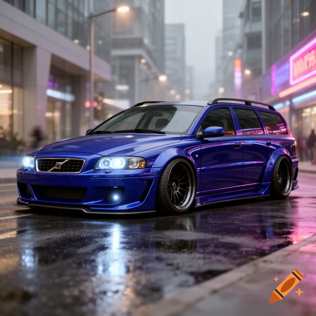 A blue modified Volvo V70 station wagon with a widebody kit on a wet city street at night, with neon reflections.