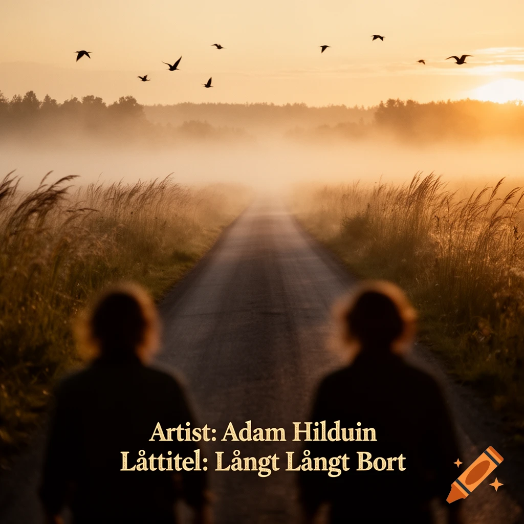 Two blurred figures walk down a misty road towards a sunset, surrounded by tall grass and flying birds, with song title text overlayed.