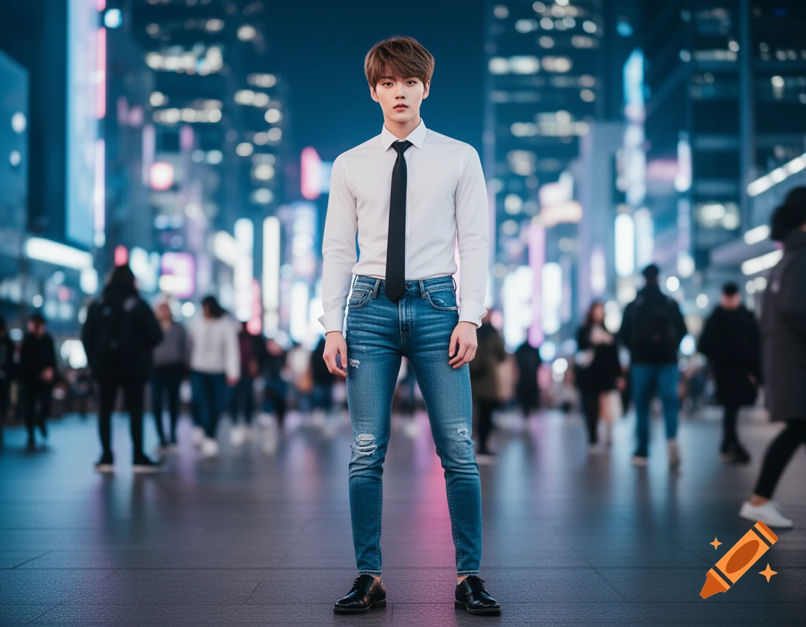 A young man in a white shirt, black tie, and ripped blue jeans stands in a vibrant, neon-lit city street at night.