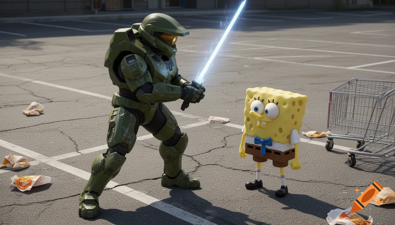 Master Chief holding a glowing lightsaber confronts SpongeBob in a photorealistic parking lot with a shopping cart and trash.
