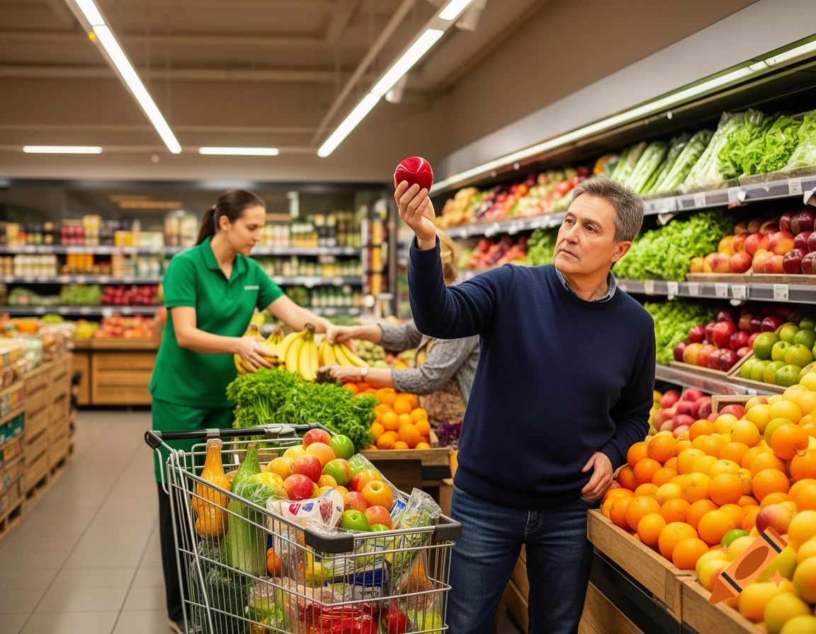 A man holds a red apple while shopping in the fruit and vegetable section of a busy supermarket, with a shopping cart full of groceries and a shop assistant in the background, in a photorealistic style.