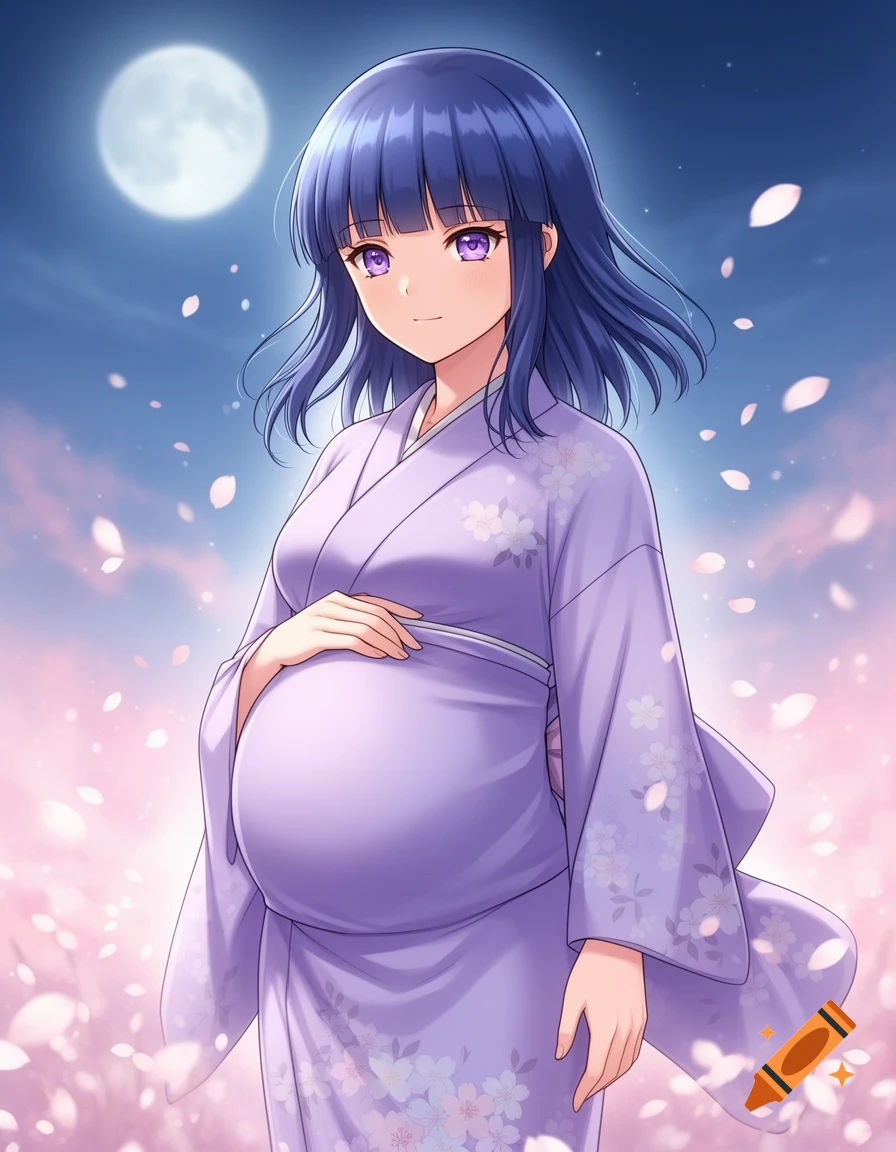 A pregnant anime woman in a lavender kimono smiles gently, holding her belly under a full moon with falling cherry blossom petals.