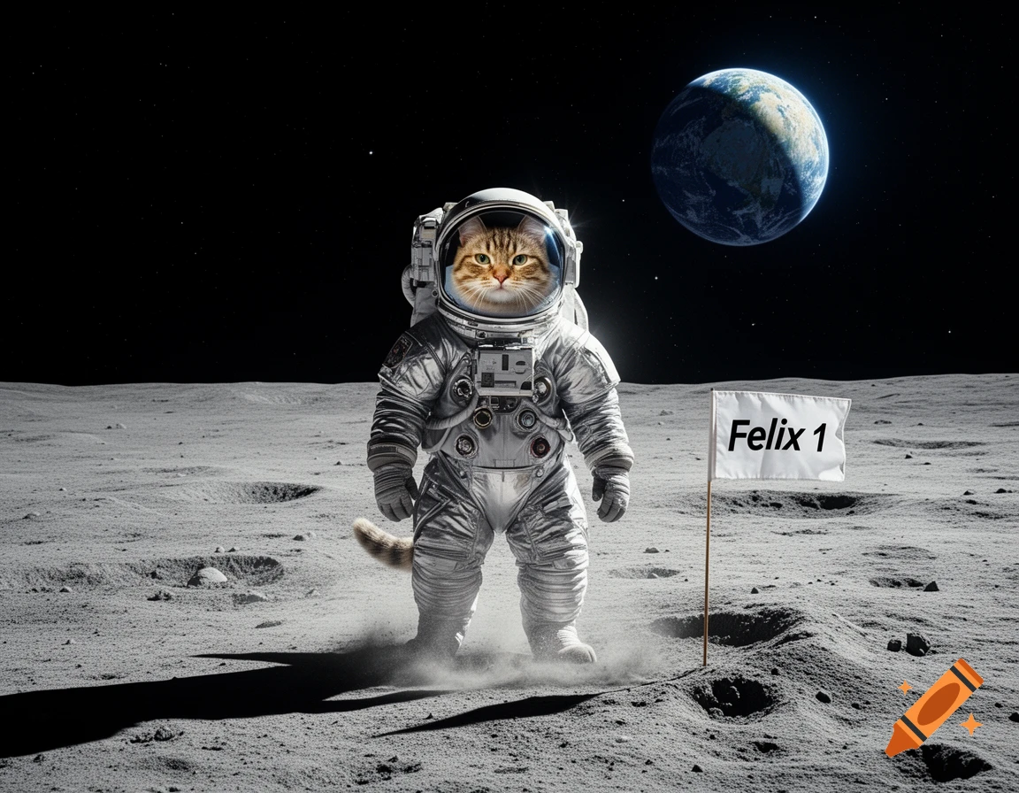 A photorealistic tabby cat in an astronaut suit stands on the moon, with a flag and Earth visible in the distance.