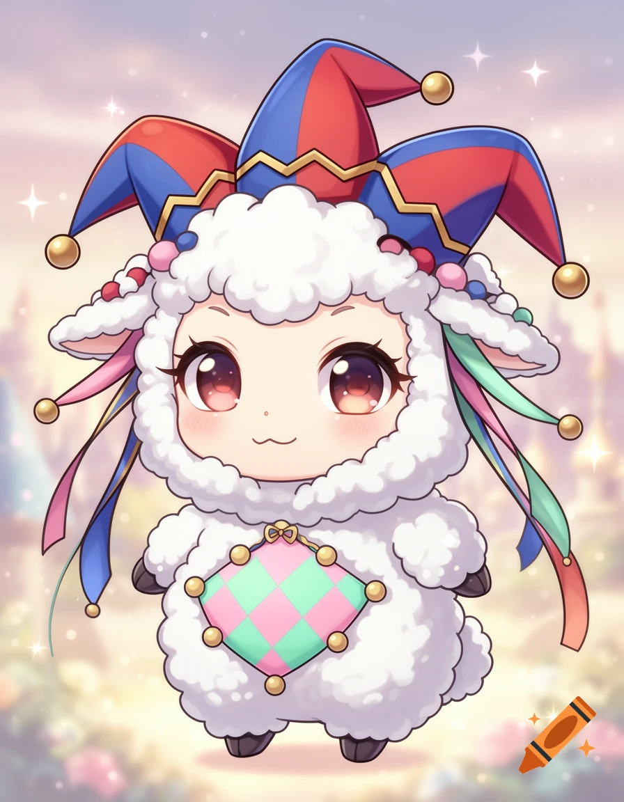 A cute anime chibi lamb dressed as a jester, with big eyes and a colorful hat.