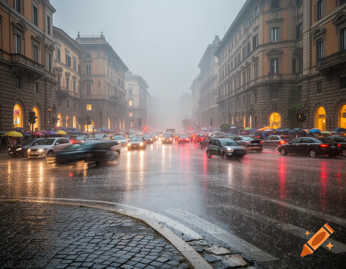 A busy city street at dusk during heavy rain, with cars driving on wet asphalt reflecting bright lights, flanked by classic buildings and pedestrians holding colorful umbrellas.