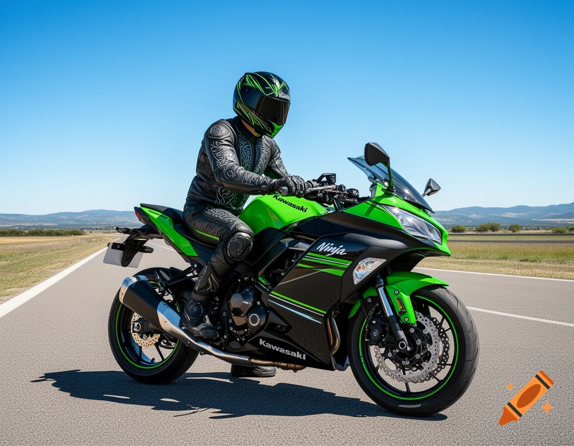 A person in full racing leathers and a helmet on a green and black Kawasaki Ninja motorcycle on an open road.