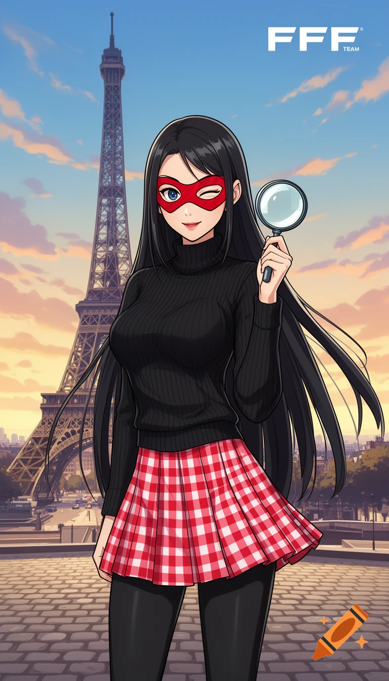 Anime woman in a red mask winks, holding a magnifying glass in front of the Eiffel Tower at sunset.