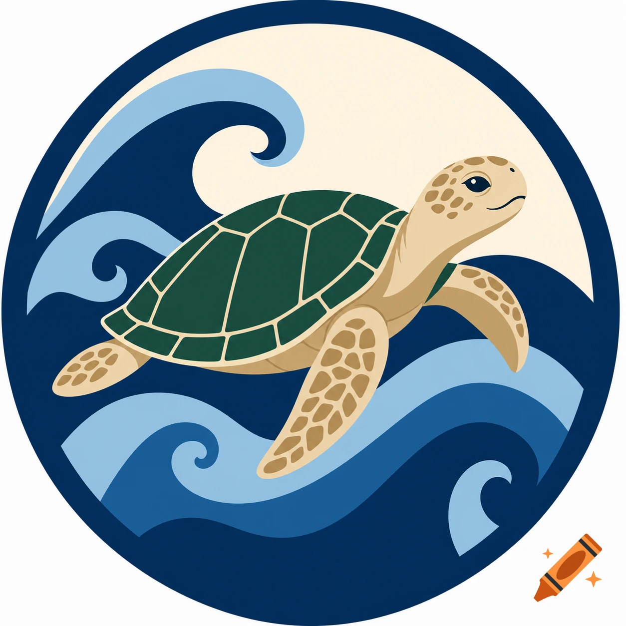 A stylized green and tan sea turtle swims right amidst blue and light blue waves within a dark blue circular border.