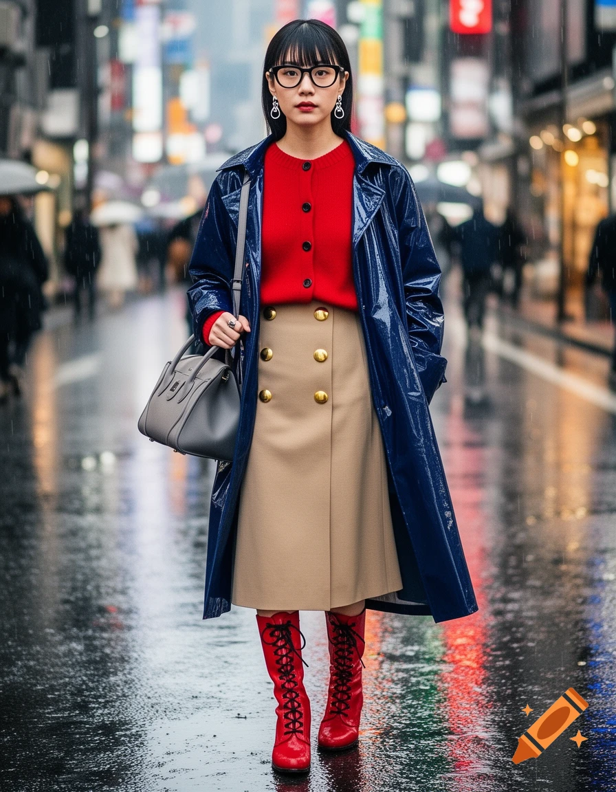 A Japanese woman in black-rimmed glasses, a red cardigan, beige skirt, blue trench coat, and red lace-up boots stands on a rainy street.