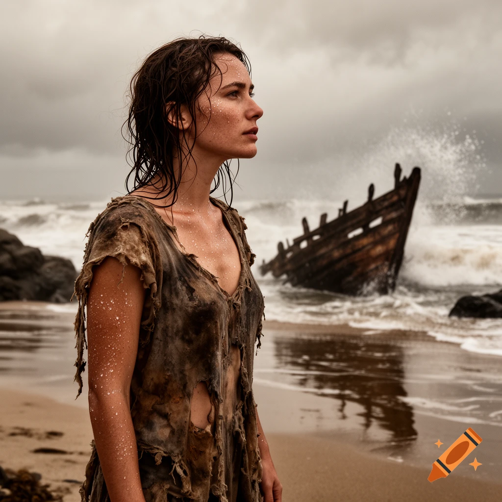 A wet, ragged female shipwreck survivor stands on a stormy beach, looking out at the ocean with a shipwreck behind her.