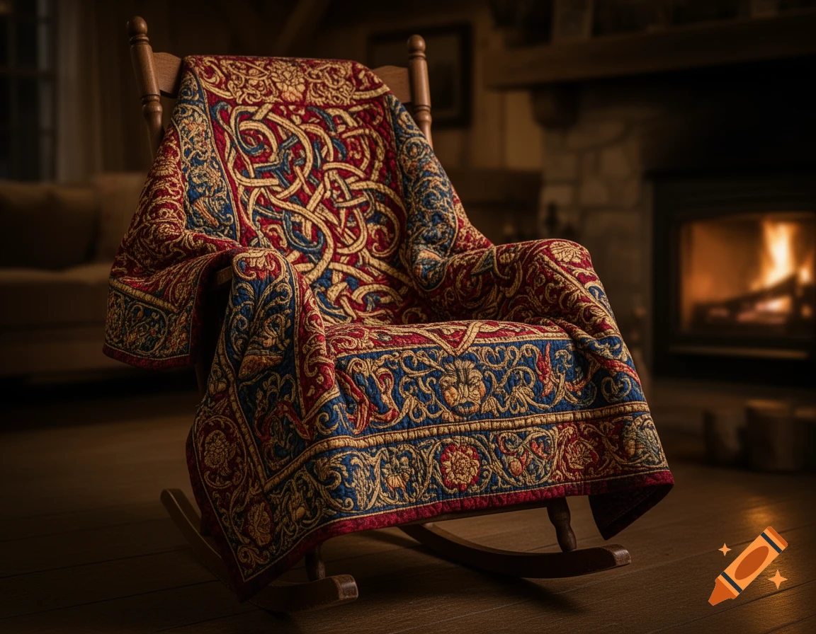 A cozy scene with a wooden rocking chair draped in a richly patterned red and blue quilt, by a fireplace.