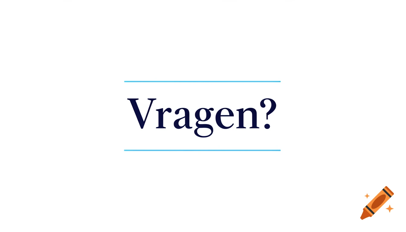 The Dutch word "Vragen?" (Questions?) in dark blue serif text, framed by light blue lines on a white background.