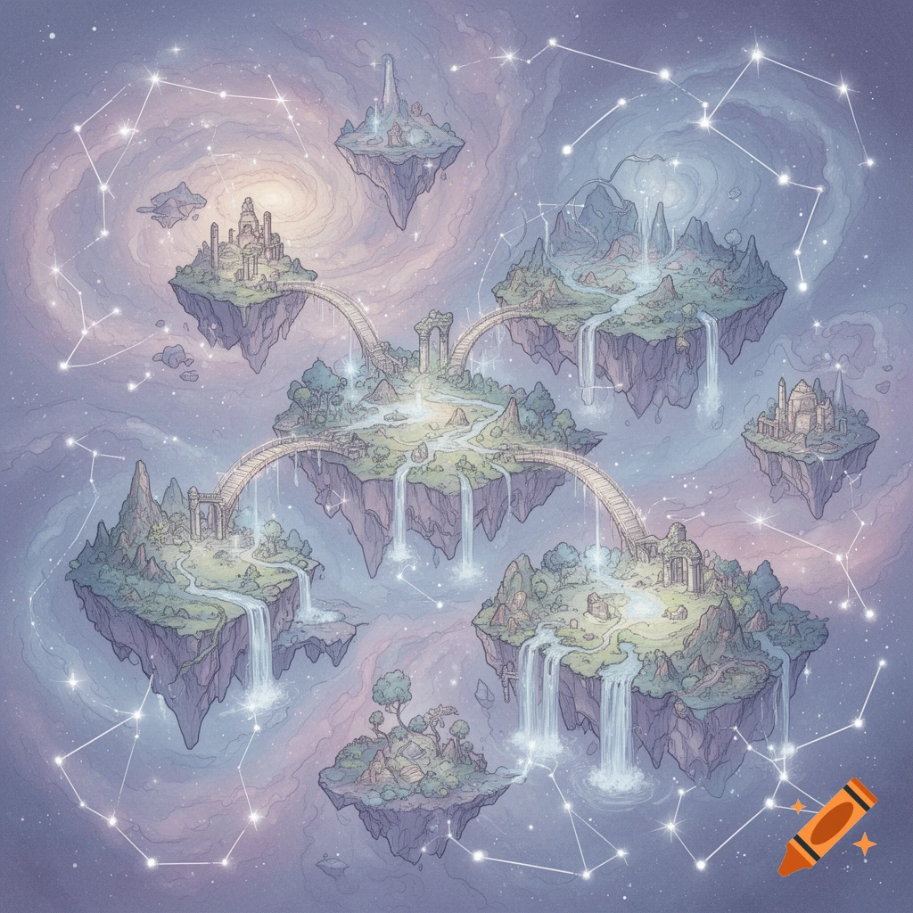 A detailed illustrated map of a celestial archipelago with floating islands, bridges, waterfalls, and starry nebulae.