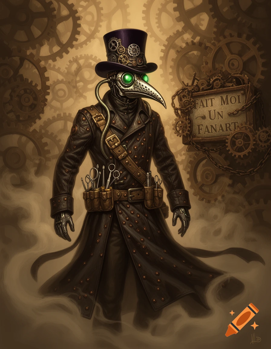 A steampunk cyborg plague doctor in a top hat and long coat stands against a background of gears, with a sign reading "FAIT MOI UN FANART".