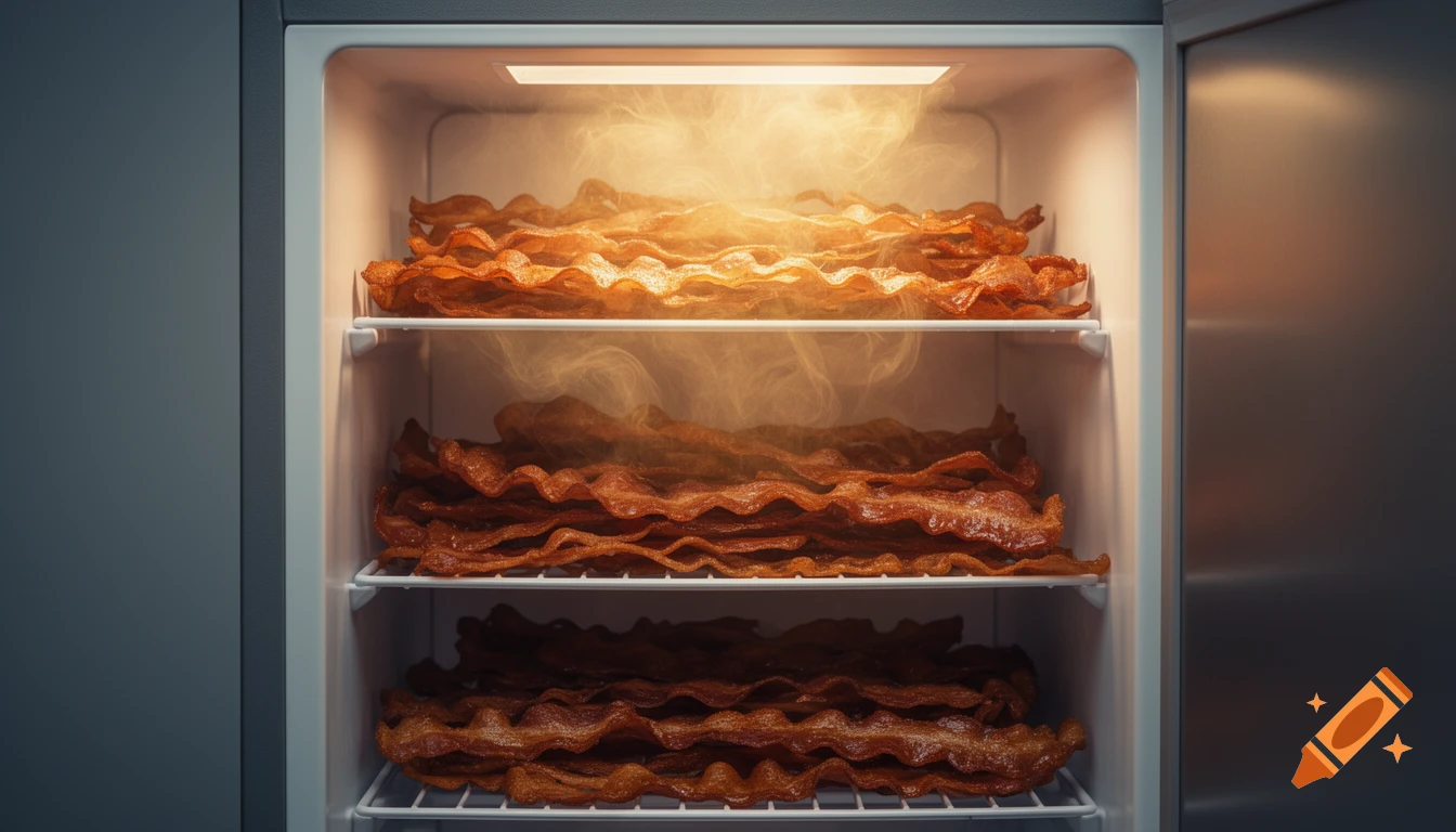 An open refrigerator is packed full of crispy, golden-brown bacon strips, with warm steam rising from them.