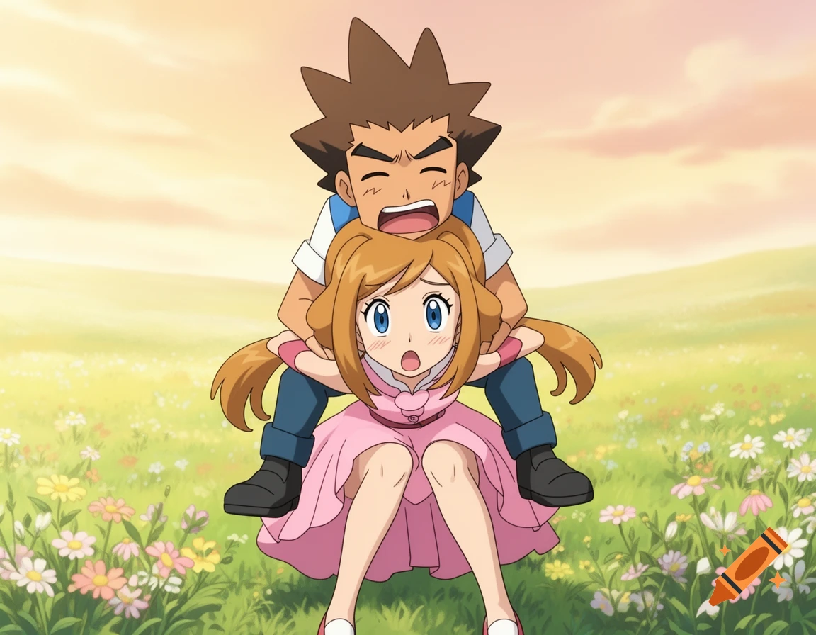 Brock on Serena's shoulders in a grassy field, with Serena struggling to hold him up, in anime style.