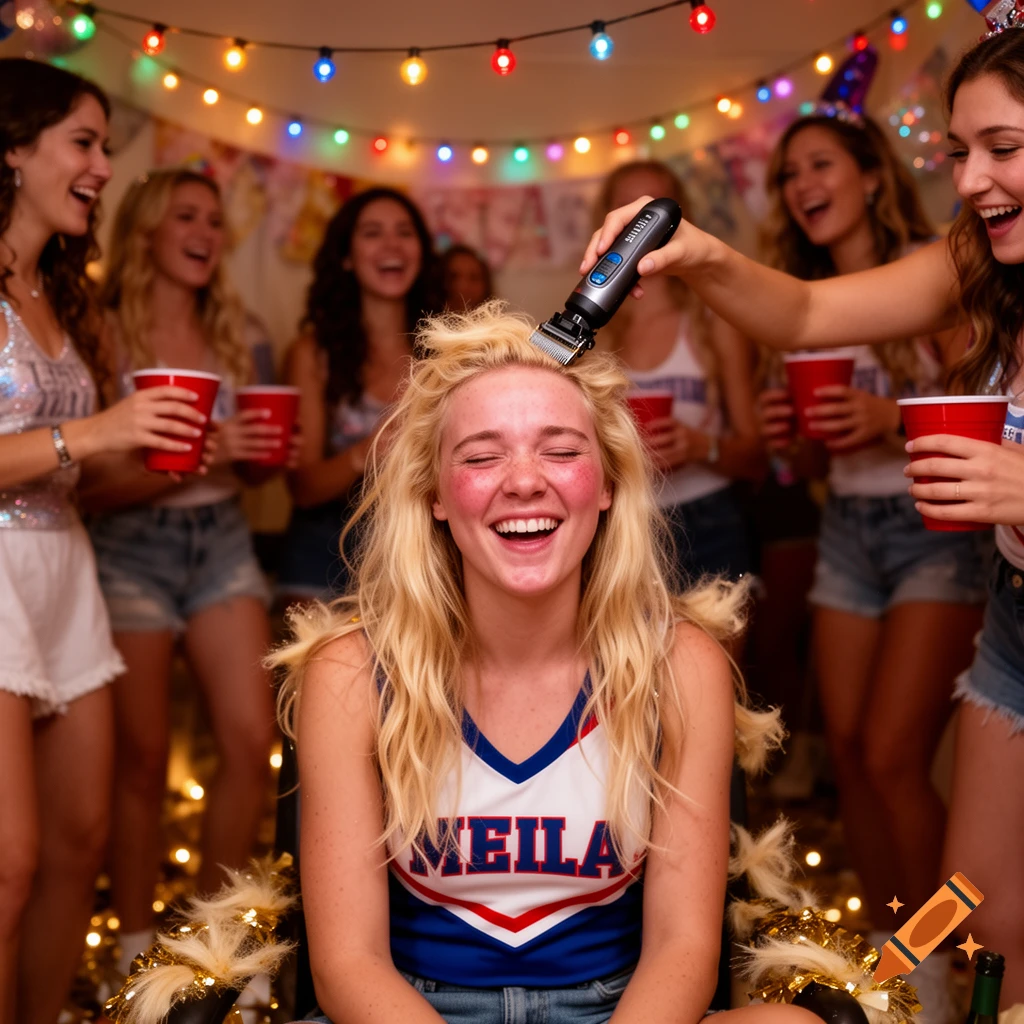 A blonde cheerleader laughs as a friend shaves her head with an electric clipper at a lively sorority party, surrounded by friends holding red cups.