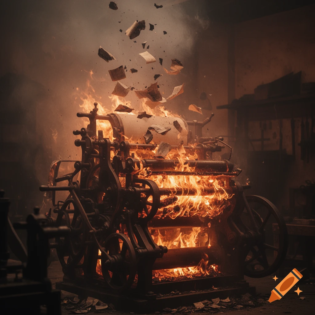 A large, old printing press engulfed in roaring flames, with burning papers flying upwards in a smoky industrial room.
