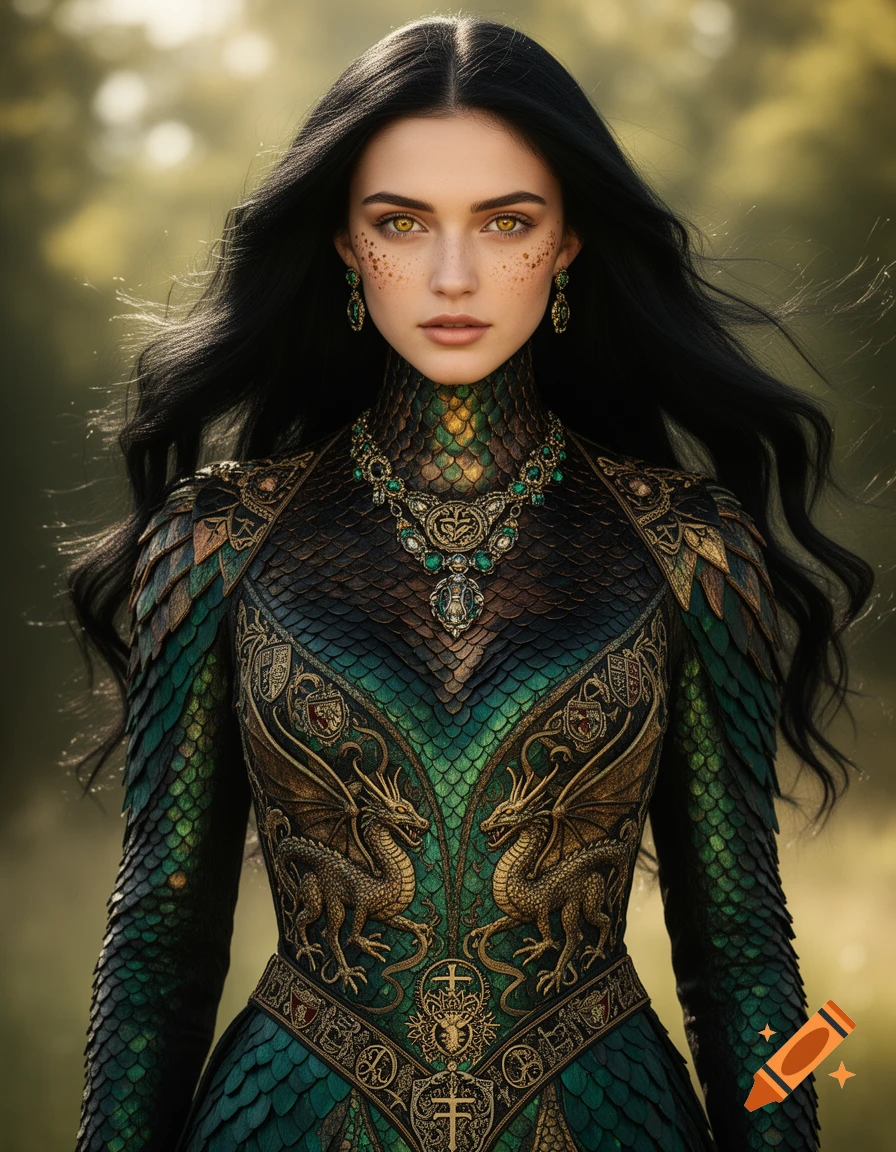 Photorealistic portrait of a woman with long black hair, golden eyes, wearing an ornate emerald green and gold dragon-scale dress.