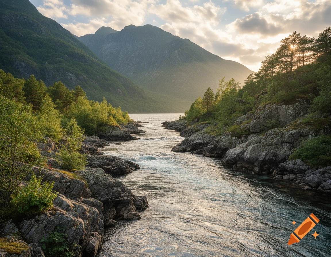 A river flows through a rocky, tree-lined mountain valley under a cloudy sky with sunlight peeking through.