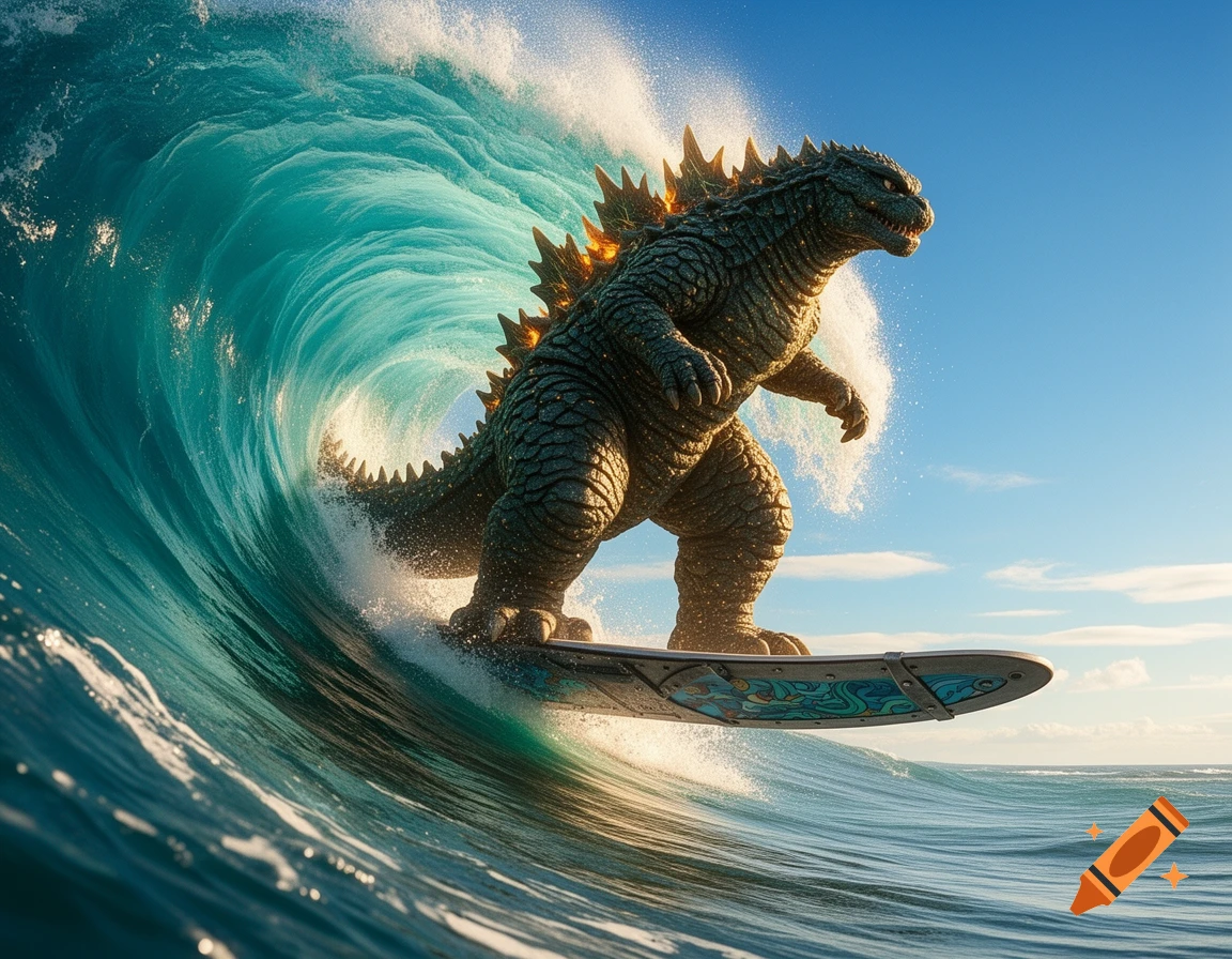 Photorealistic Godzilla surfing a huge curling blue ocean wave under a clear sky.