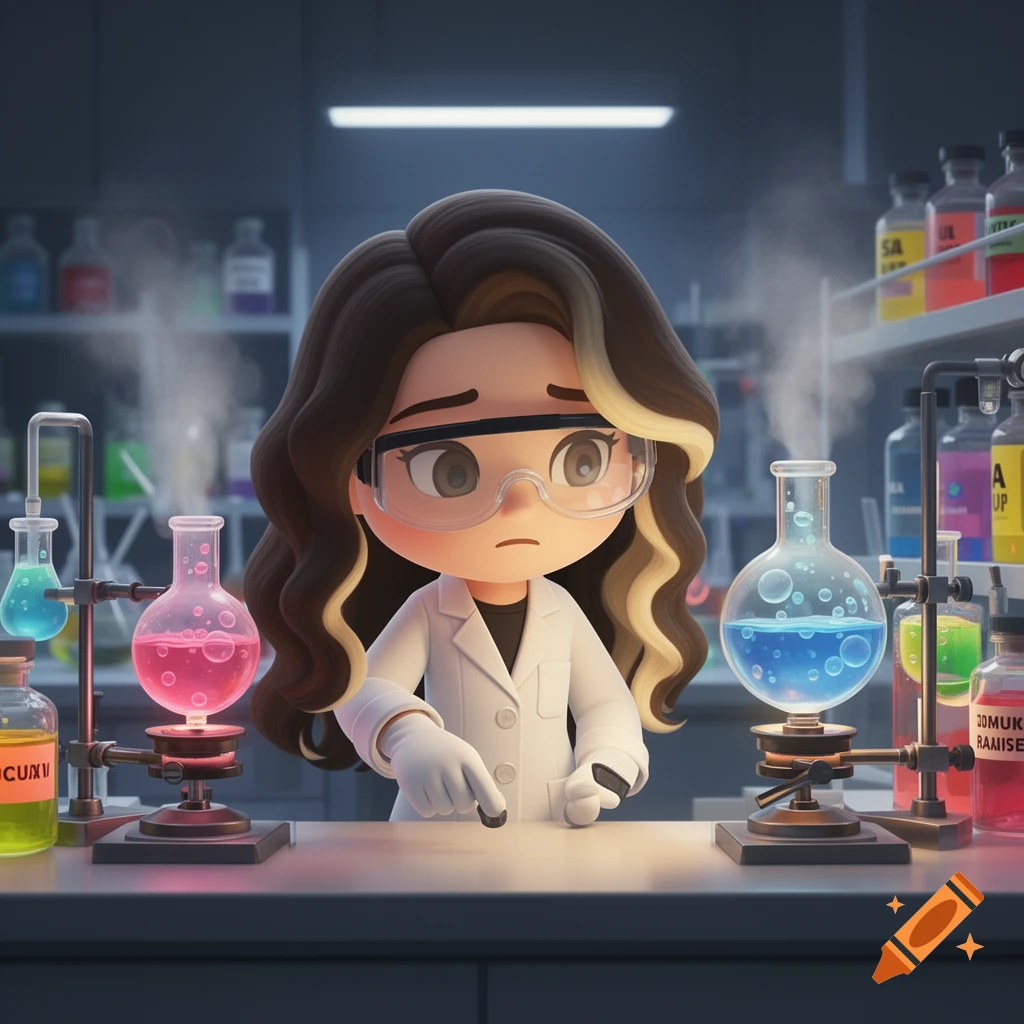 A cute cartoon girl in a lab coat and goggles works in a chemistry lab, looking concerned at bubbling beakers.