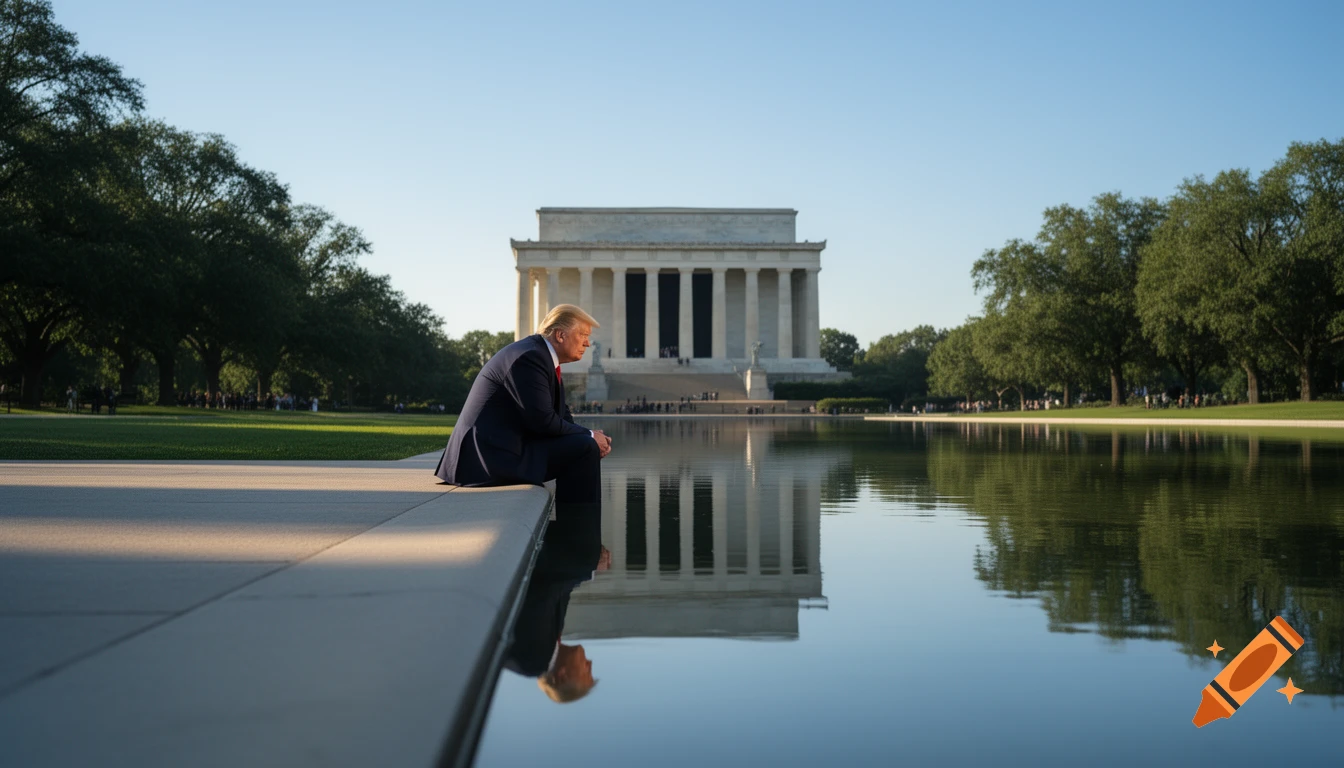 Donald Trump sits by the Reflecting Pool, admiring his reflection with the Lincoln Memorial in the background.