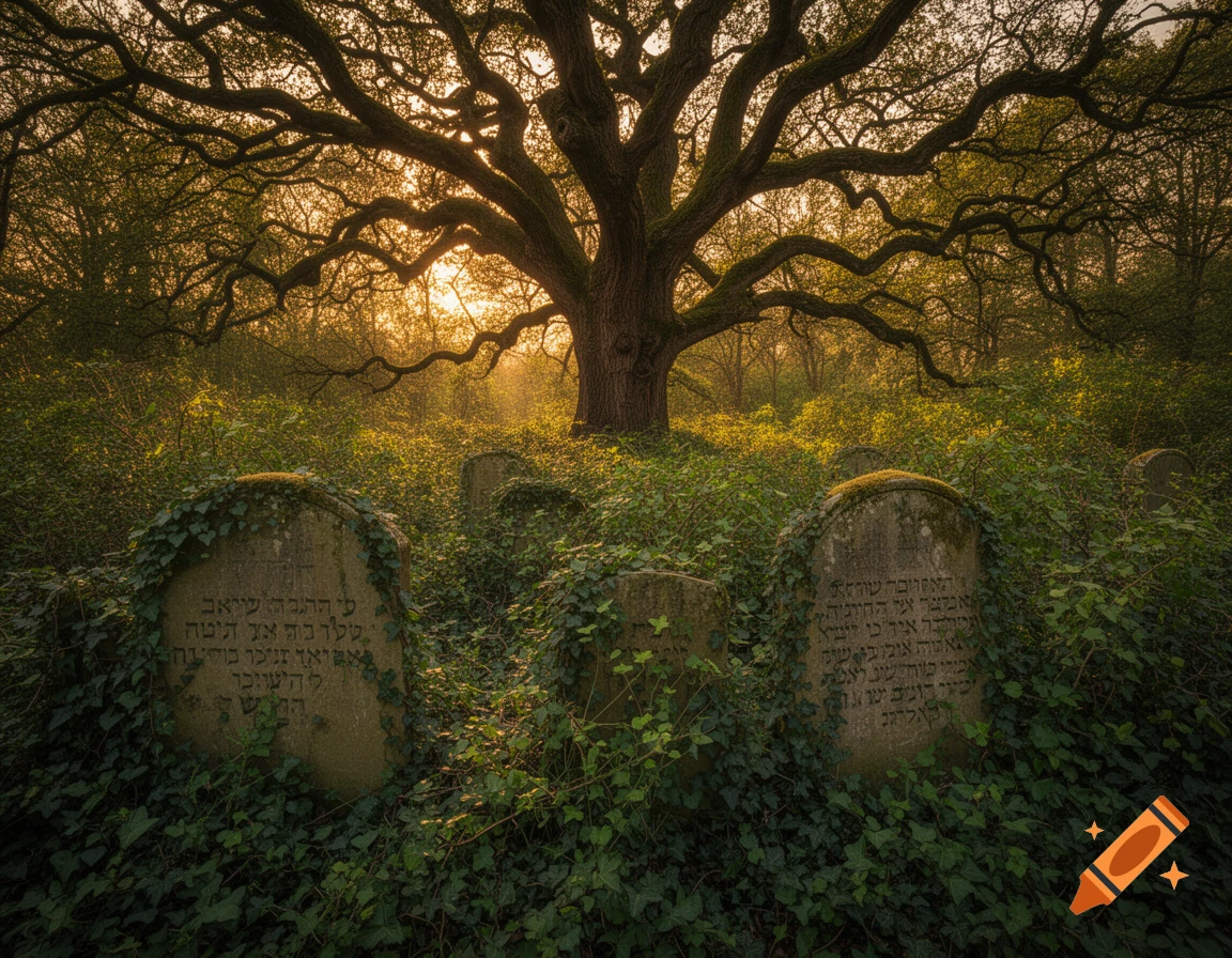 Photorealistic image of an overgrown Jewish cemetery with ivy-covered gravestones and a sprawling oak tree in warm evening light.