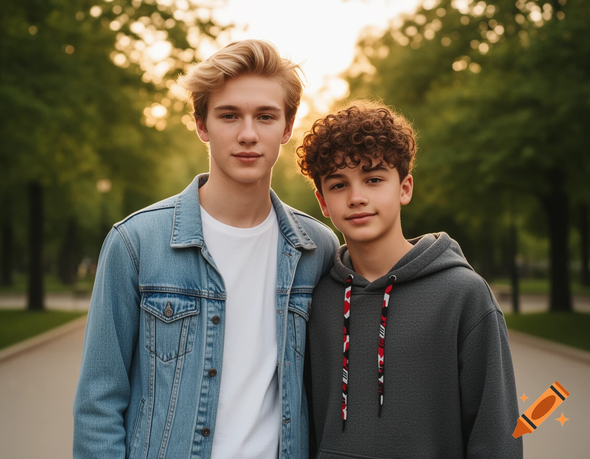 Two teenage boys, one blond and taller, the other with brown curly hair, stand smiling in a sunny park with trees.