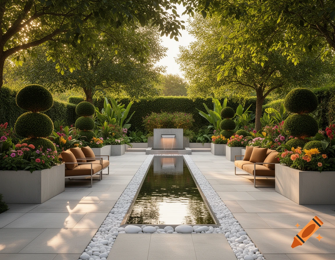 A modern garden featuring a long reflective water channel, manicured topiary trees, colorful flower beds, and seating areas under sun-dappled foliage.
