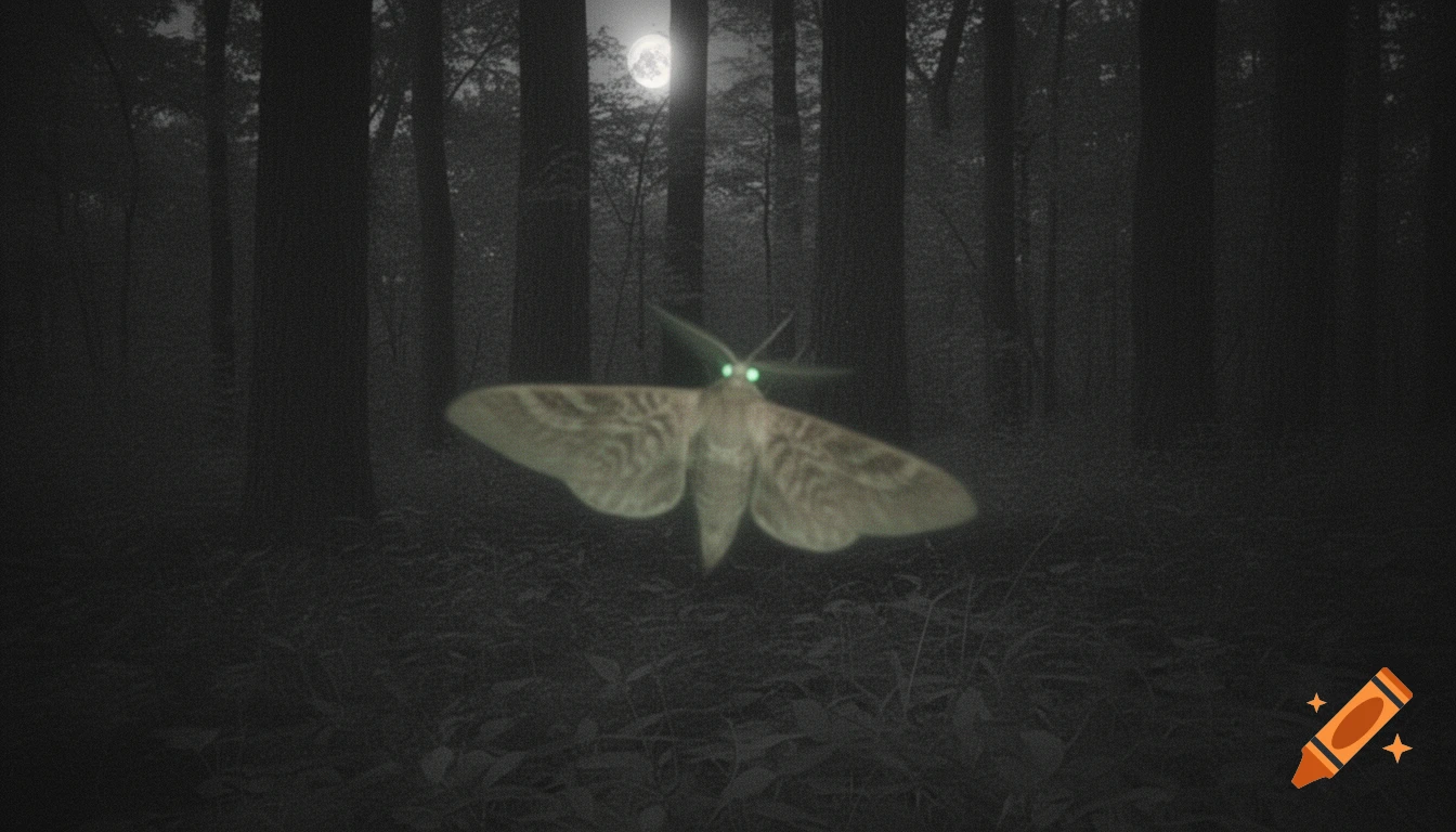 A large, glowing-eyed moth hovers in a dark, grainy forest at night, with a full moon visible above the trees, mimicking trailcam footage.