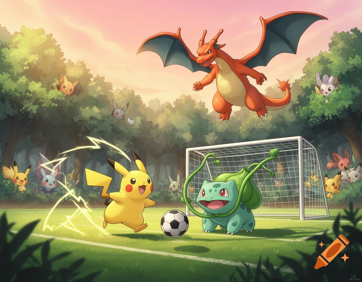 Pikachu and Bulbasaur play soccer on a sunny green field, with Charizard flying above and other Pokémon watching from trees.