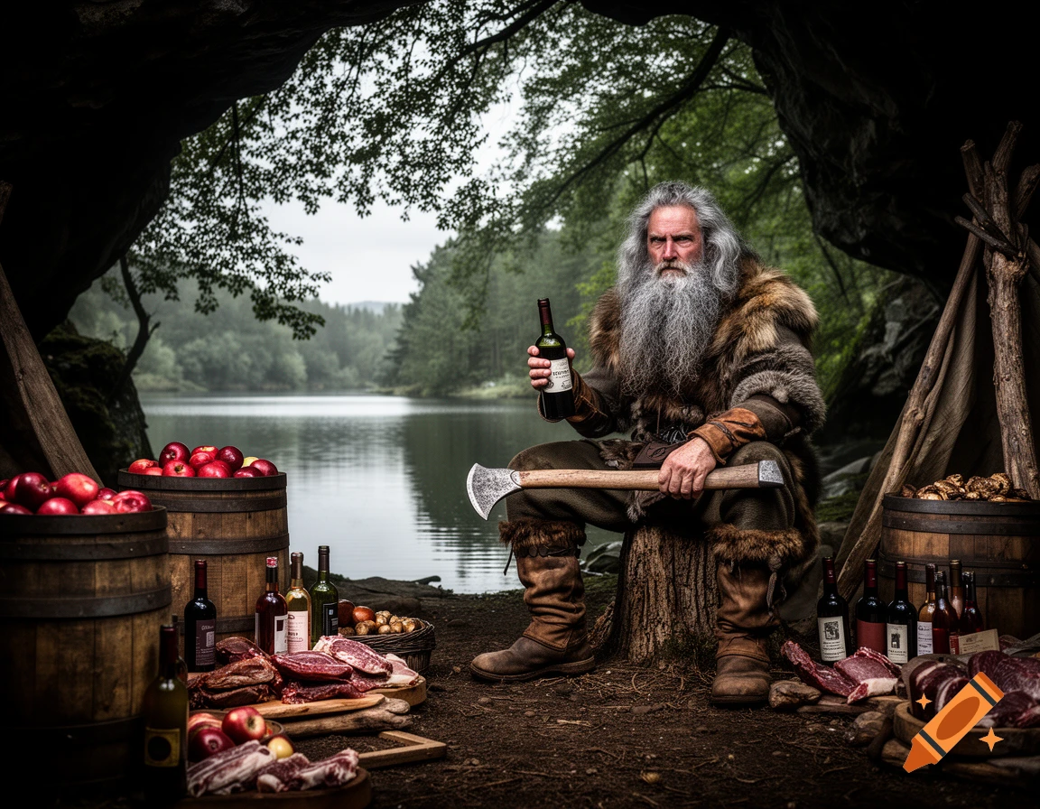 A rugged, grey-bearded man in fur clothing sits on a stump, holding a wine bottle and an axe, surrounded by barrels of food and wine by a lake in a forest.