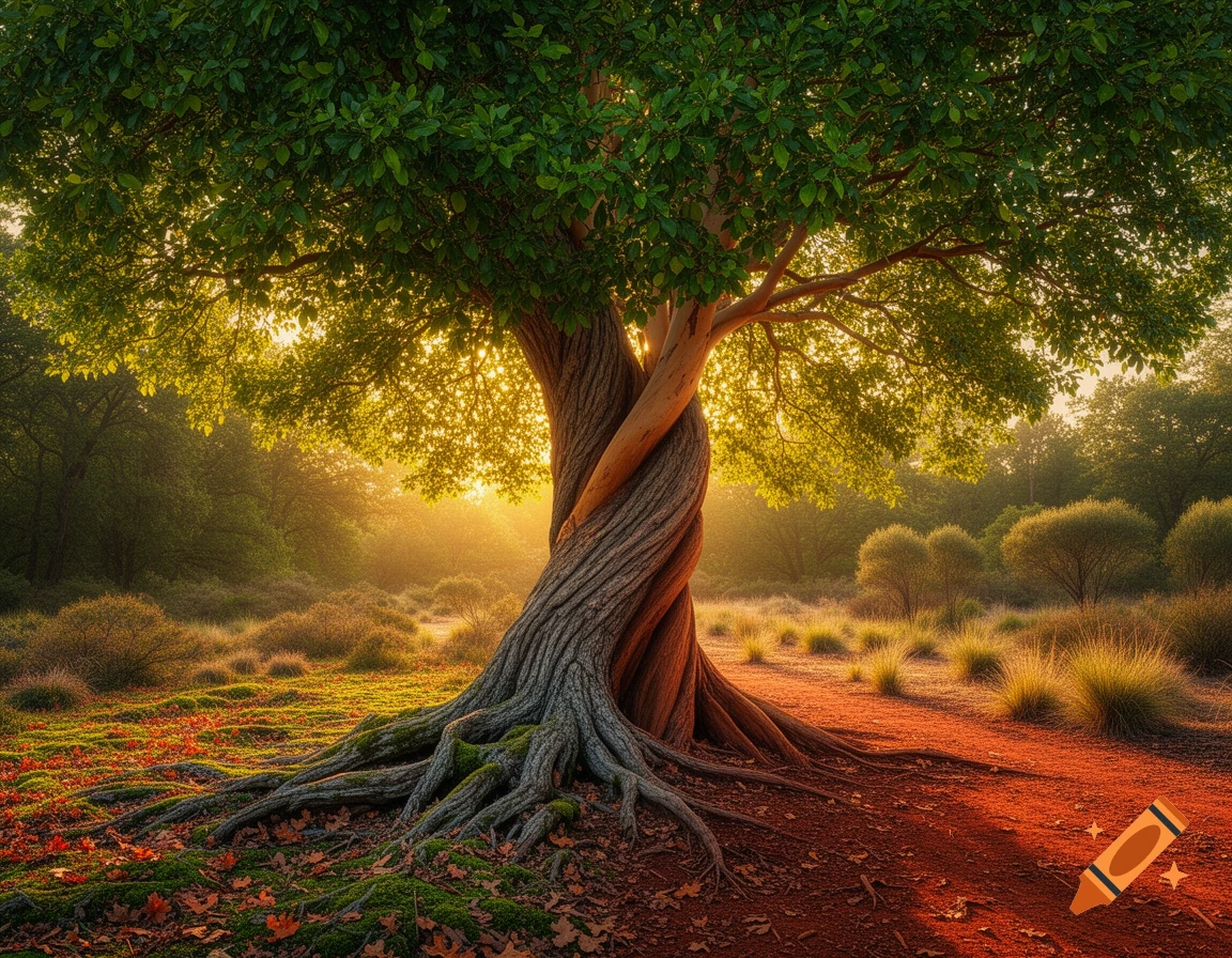 A large, majestic tree with a twisted trunk and prominent roots stands in a sunlit forest clearing, with golden light filtering through its green leaves.