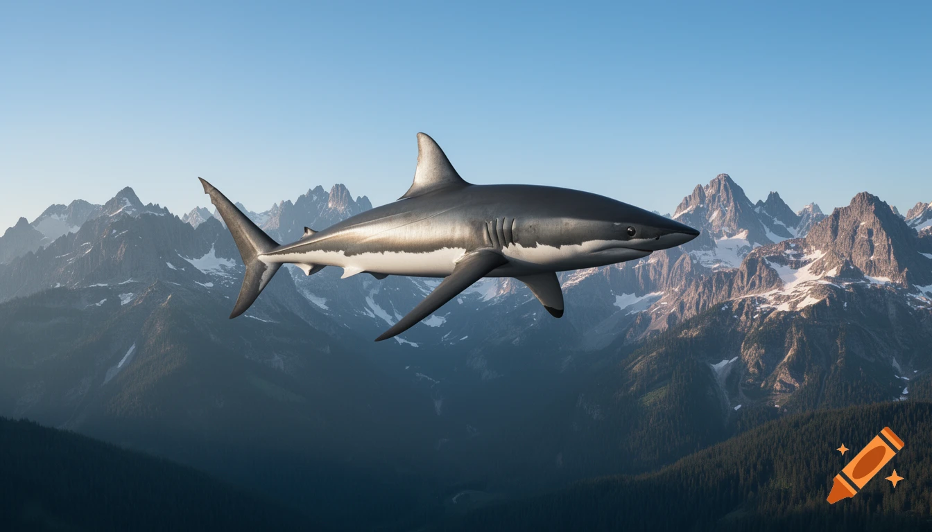 A photorealistic shark appears to be flying over majestic, snow-capped mountains and lush forests under a clear blue sky.