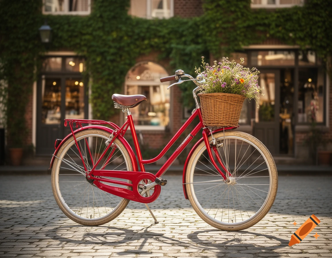 A red vintage bicycle with a basket of wildflowers on a cobblestone street in front of an ivy-covered building.