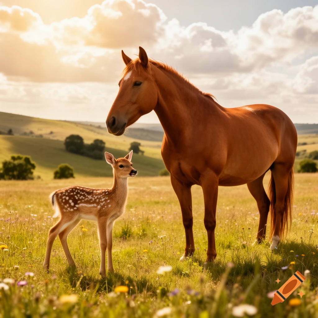 A brown horse and a spotted fawn stand together in a sunlit meadow with rolling hills, photorealistic.