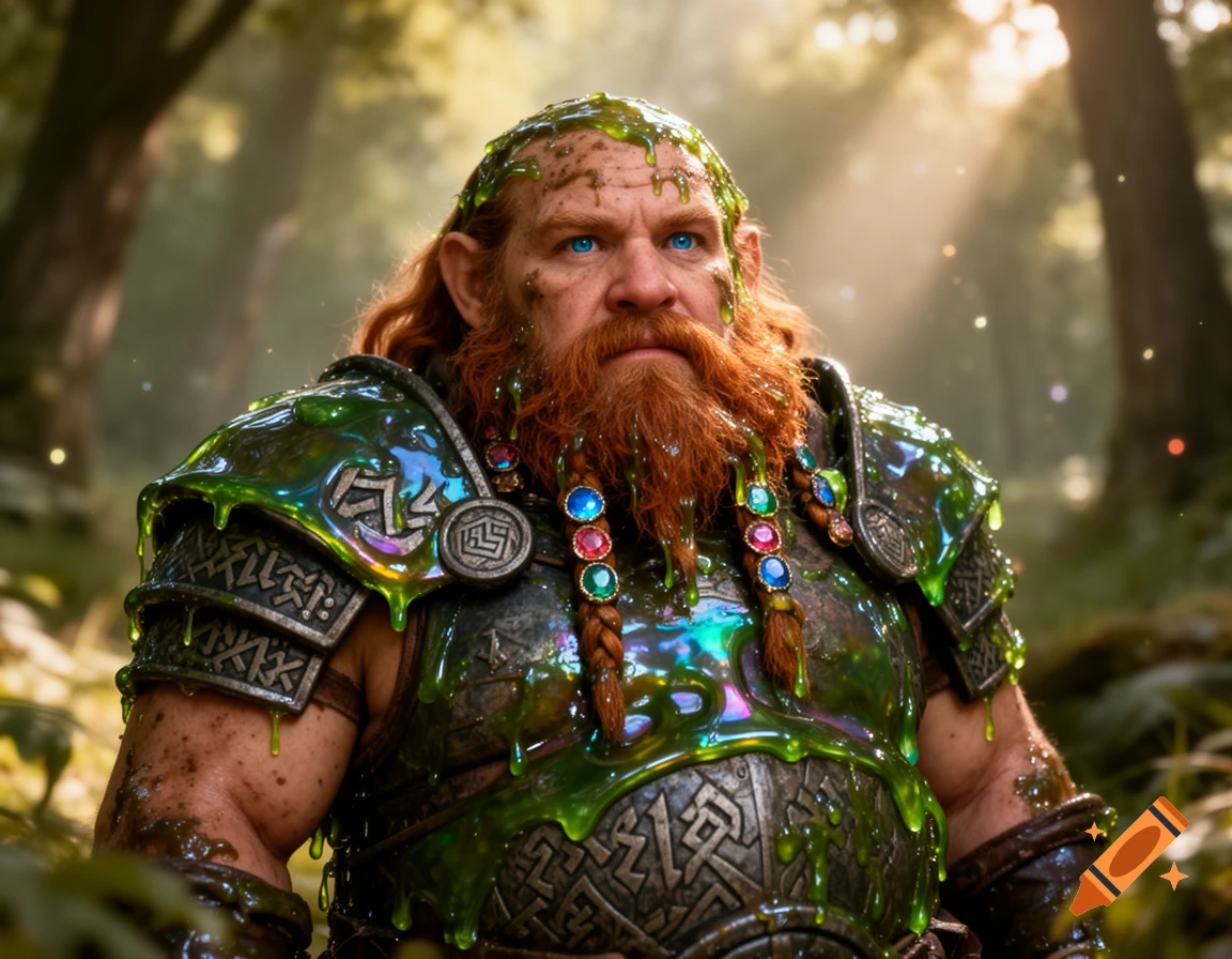 A fantasy dwarf with a red beard, blue eyes, and ornate armor, covered in glowing green slime, stands in a sunlit forest.