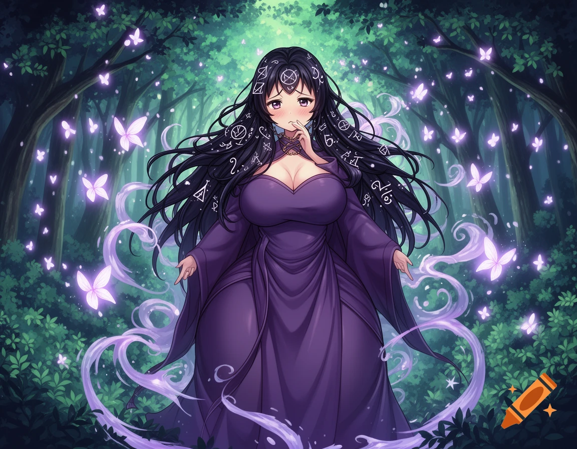 Anime mage with symbols on black hair, in a purple dress, surrounded by glowing butterflies and magic in a mystical forest.