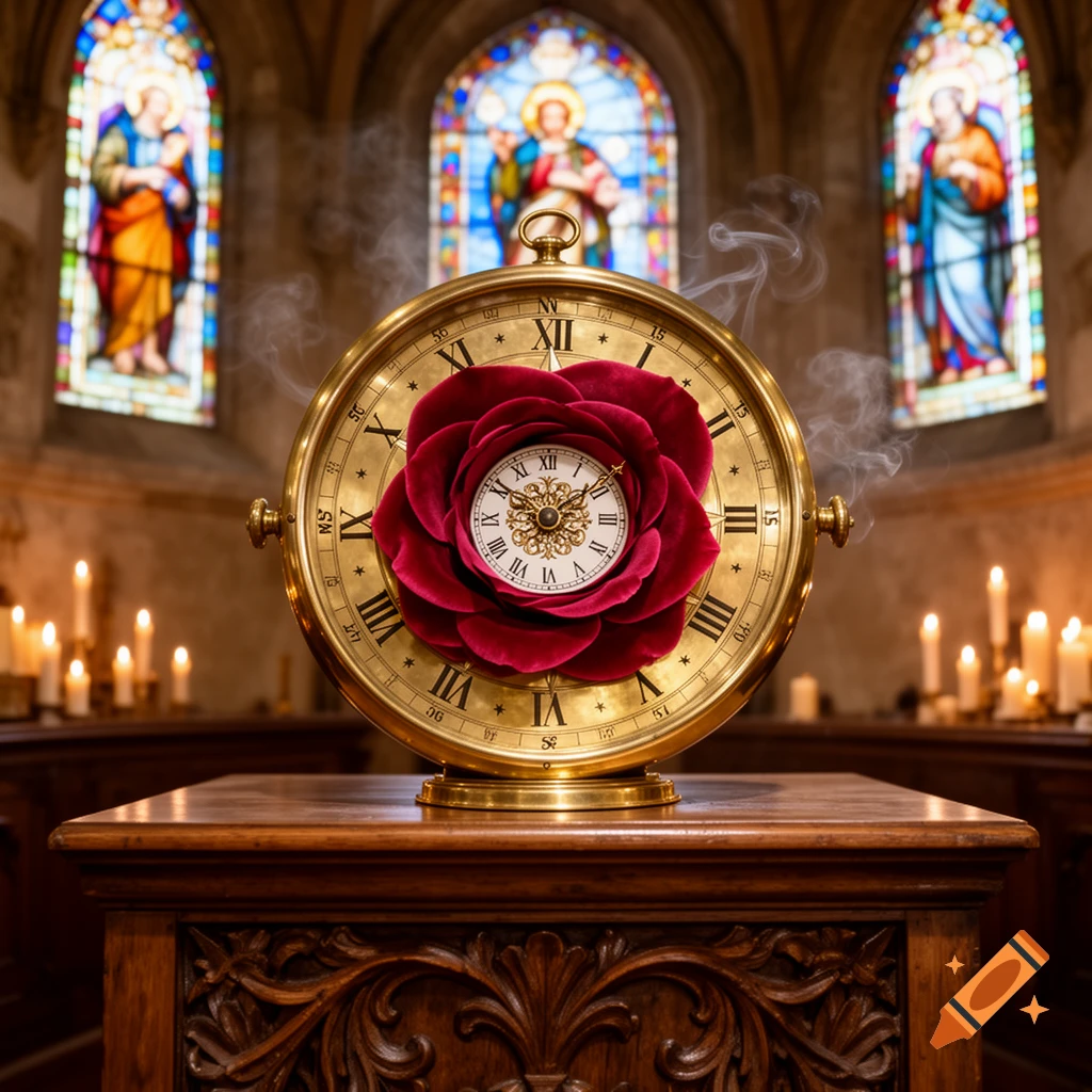 A golden pocket watch with a deep red rose in its center, set on a carved wooden altar inside a church with stained glass windows.