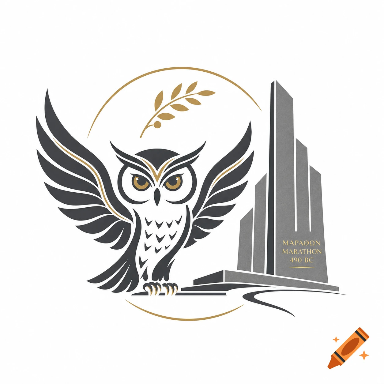 A minimalist logo with a stylized grey and gold owl with outstretched wings, an olive branch, and a grey monument reading "MARATHON 490 BC".